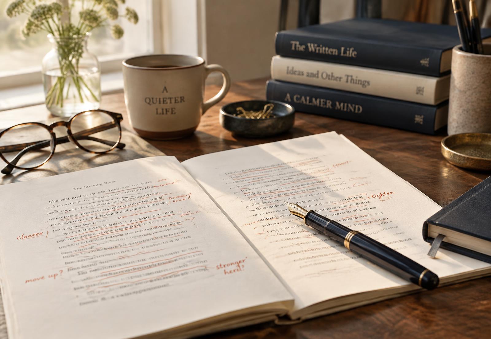 Manuscrit annoté à la main sur un bureau, stylo plume et lunettes de lecture